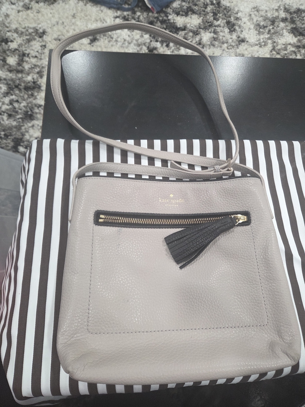 kate spade Pebbled Leather Crossbody in Taupe with Black Tassel